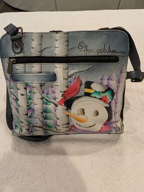 Anuschka Hand-Painted Snowman Crossbody Bag - Blue
